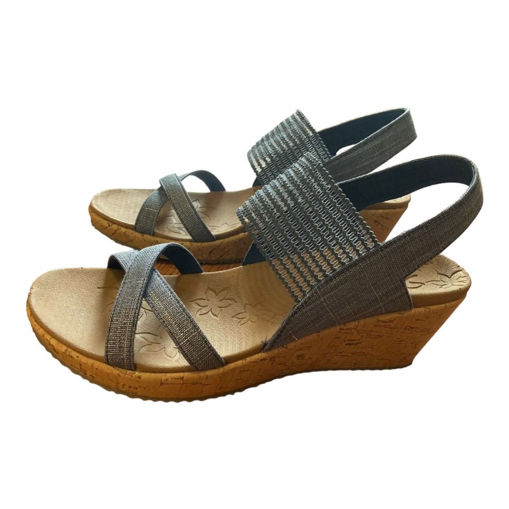 Skechers Women's Gray Stretch-Strap Wedge Sandals